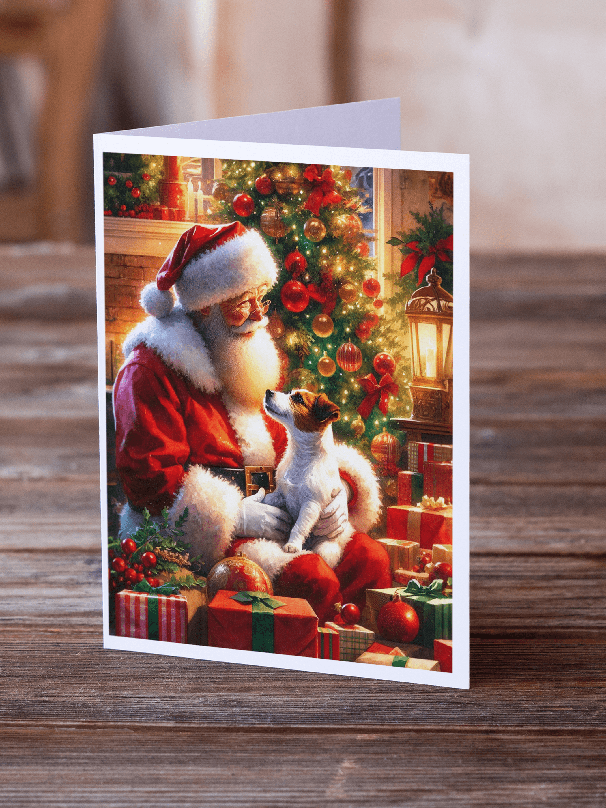 Christmas greeting card on wooden surface, Santa holding a Jack Russell Terrier by gifts