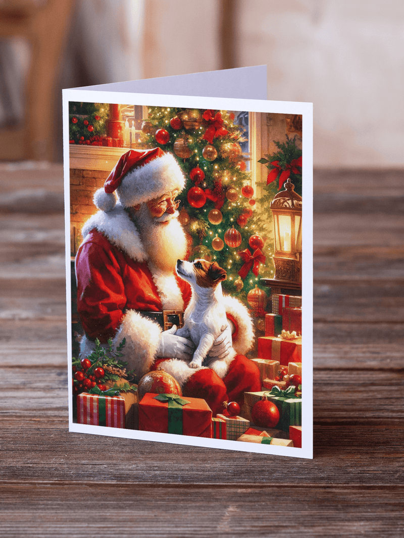 Christmas greeting card on wooden surface, Santa holding a Jack Russell Terrier by gifts