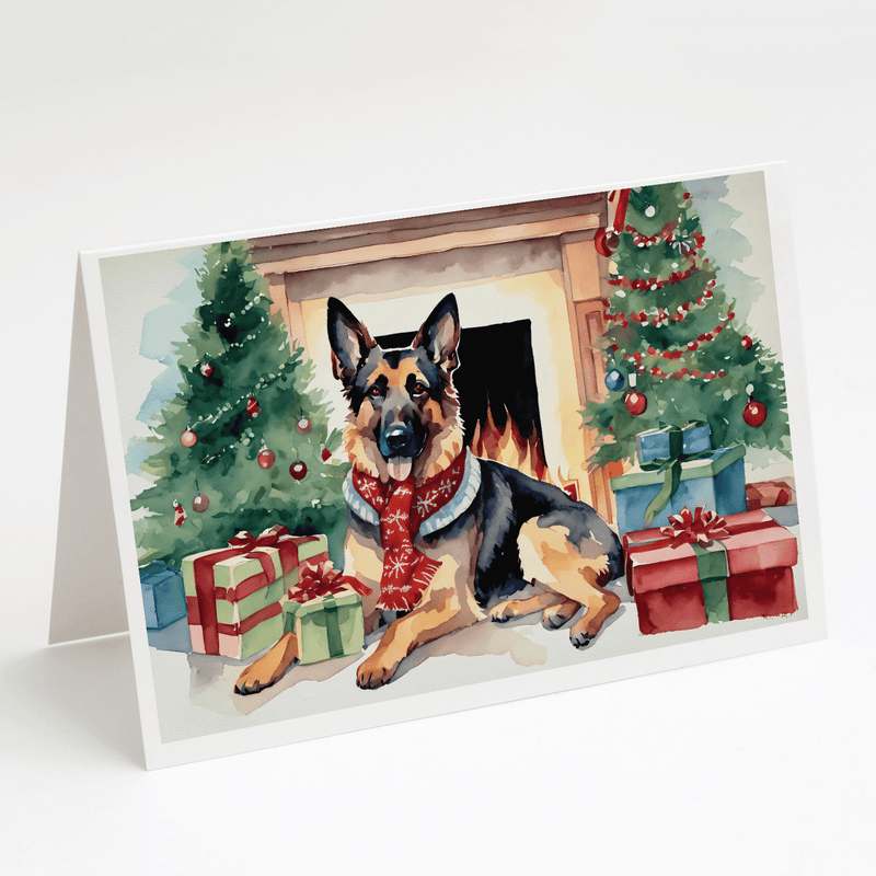 Christmas greeting card with German shepherd wearing red bandana near tree and gifts