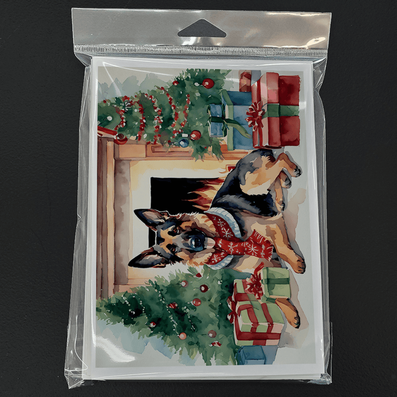 Pack of 8 Christmas greeting cards sealed in plastic, German shepherd holiday scene