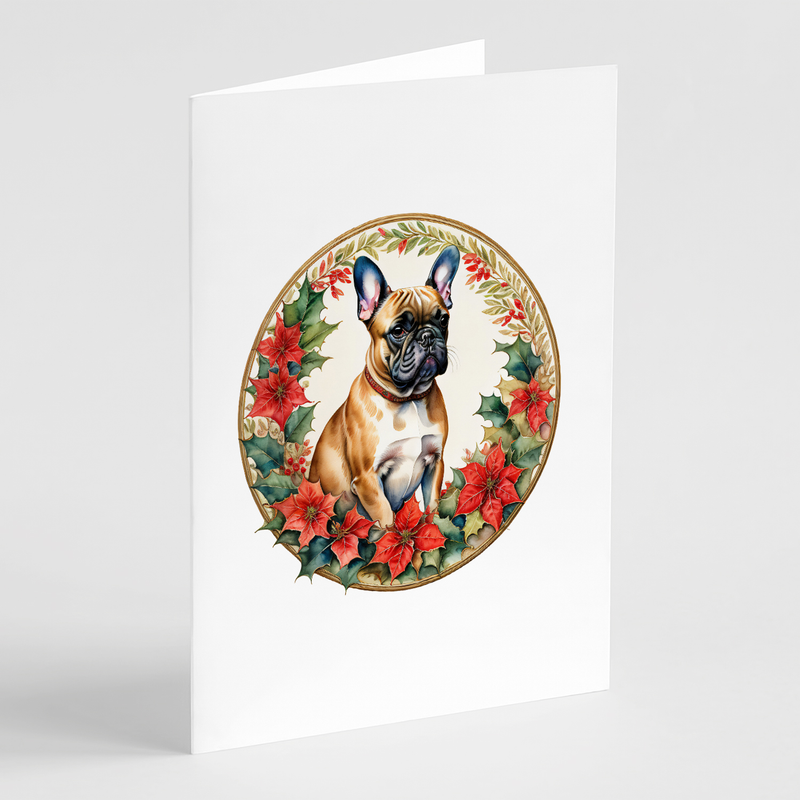 French bulldog Christmas greeting cards, floral wreath with poinsettias on front
