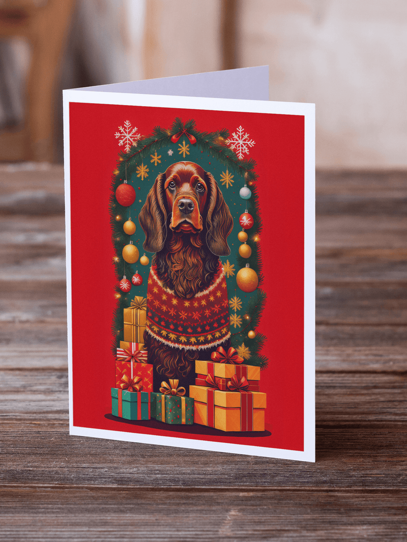 Holiday greeting card on wooden surface, spaniel in wreath with gifts and wrapped boxes