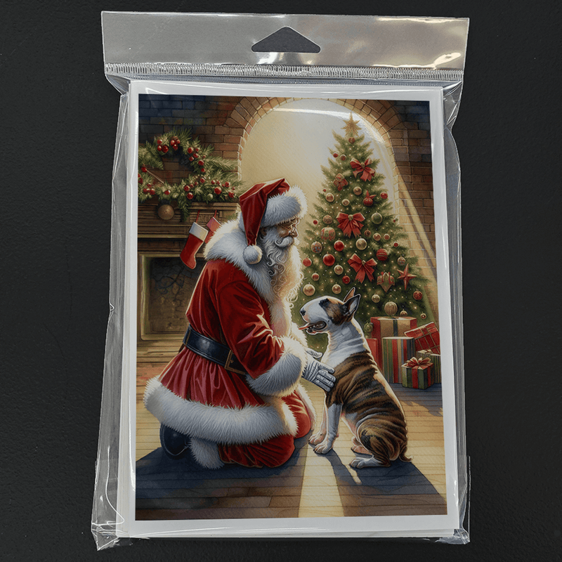 Christmas greeting card in clear plastic pack, Santa with bull terrier by gifts