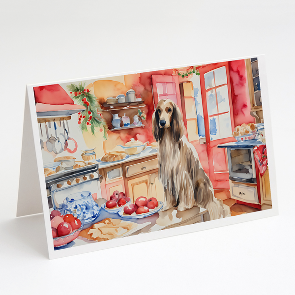Set of 8 Afghan Hound Christmas greeting cards featuring a hound in a festive kitchen scene