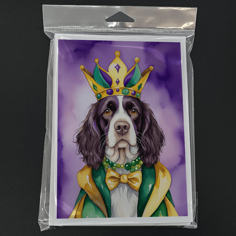 Packaged greeting card with Springer Spaniel king dog wearing jeweled crown and necklace