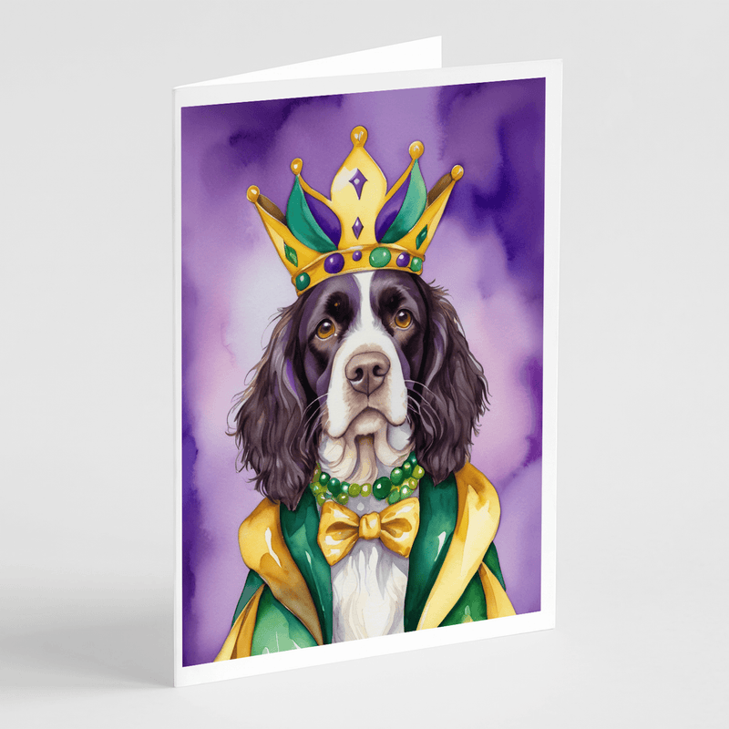 Greeting card of Springer Spaniel king dog with jeweled crown, green jacket, bow tie