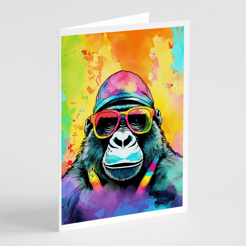 Gorilla greeting card with rainbow cap and colorful sunglasses art, white border