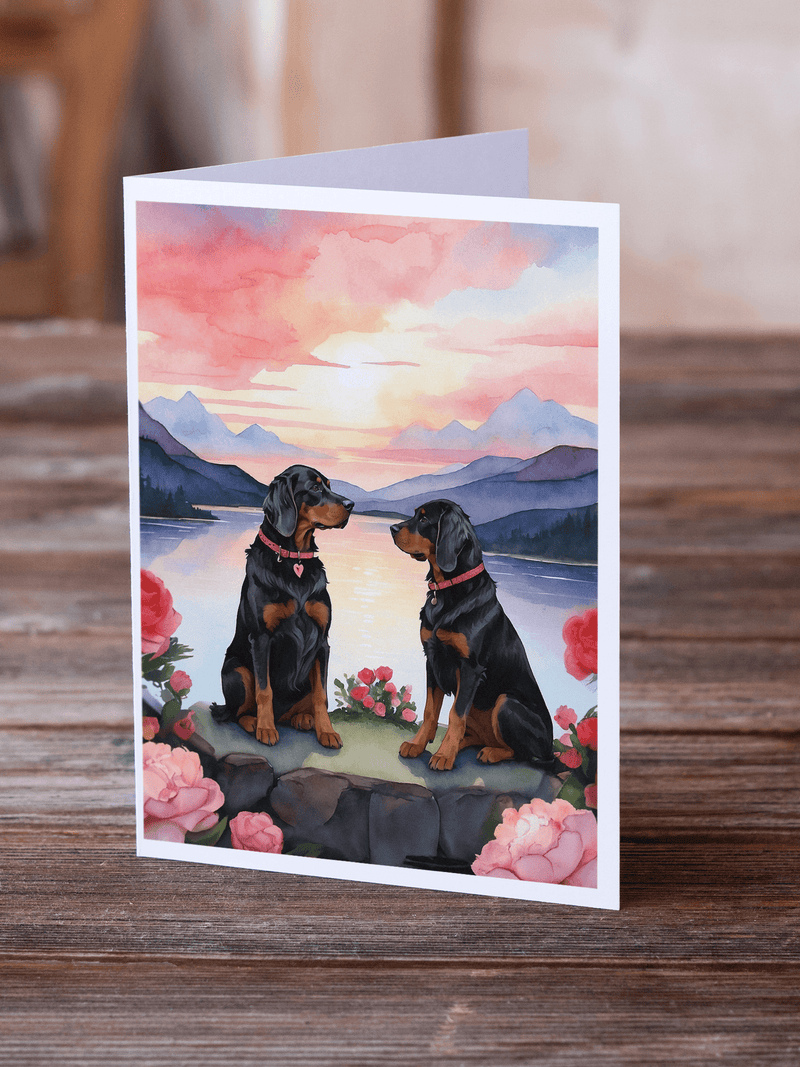 Greeting card with two setter dogs facing on a scenic sunset with pink flowers border