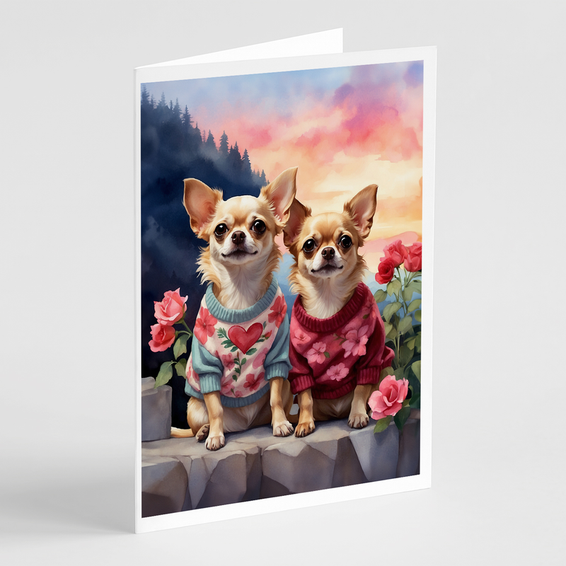 Greeting card featuring two chihuahuas on stone steps with hearts and roses