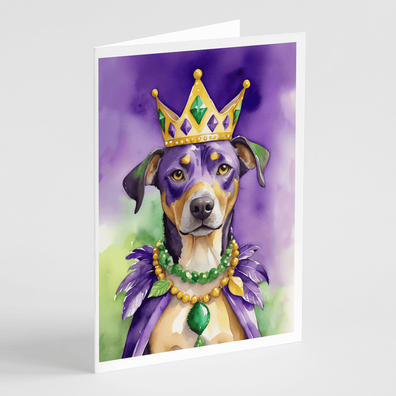 Single greeting card with dog portrait, gold crown, green gem beads, purple feather boa