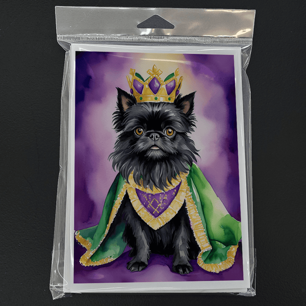 Pack of 8 greeting cards: black dog in gold crown, purple scarf, green coat