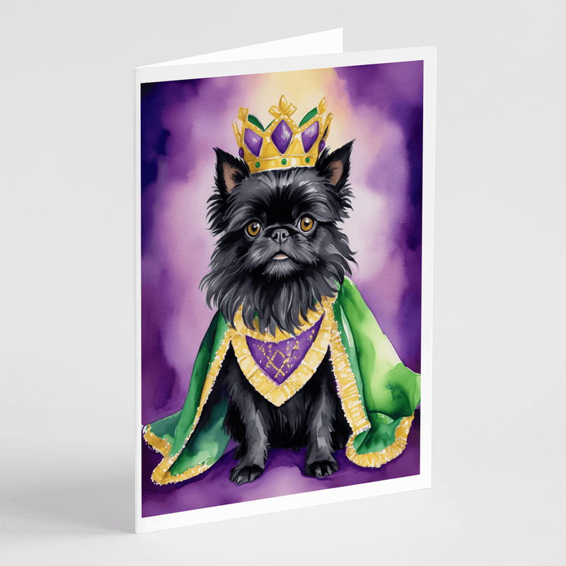 Single Mardi Gras greeting card with black dog wearing a gold crown and purple scarf