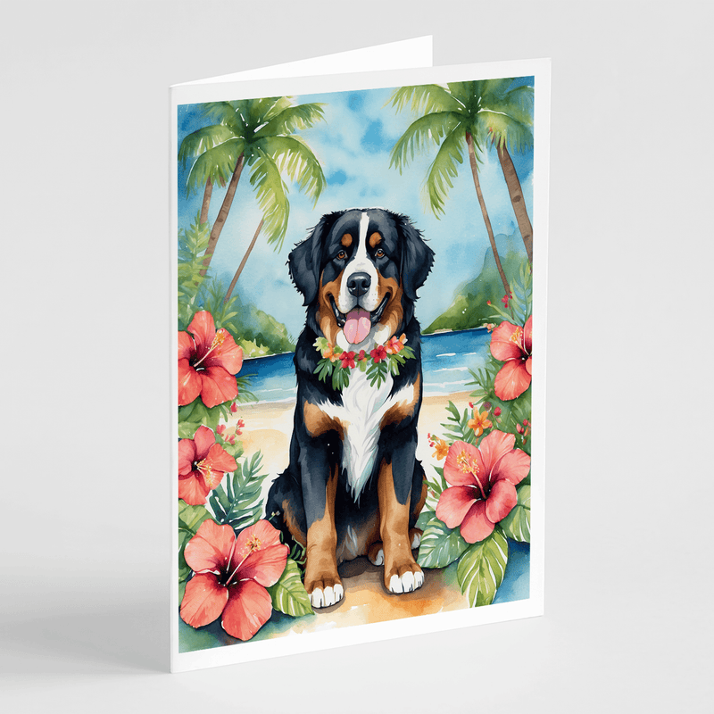Folded greeting card displaying Bernese mountain dog surrounded by tropical palms and hibiscus