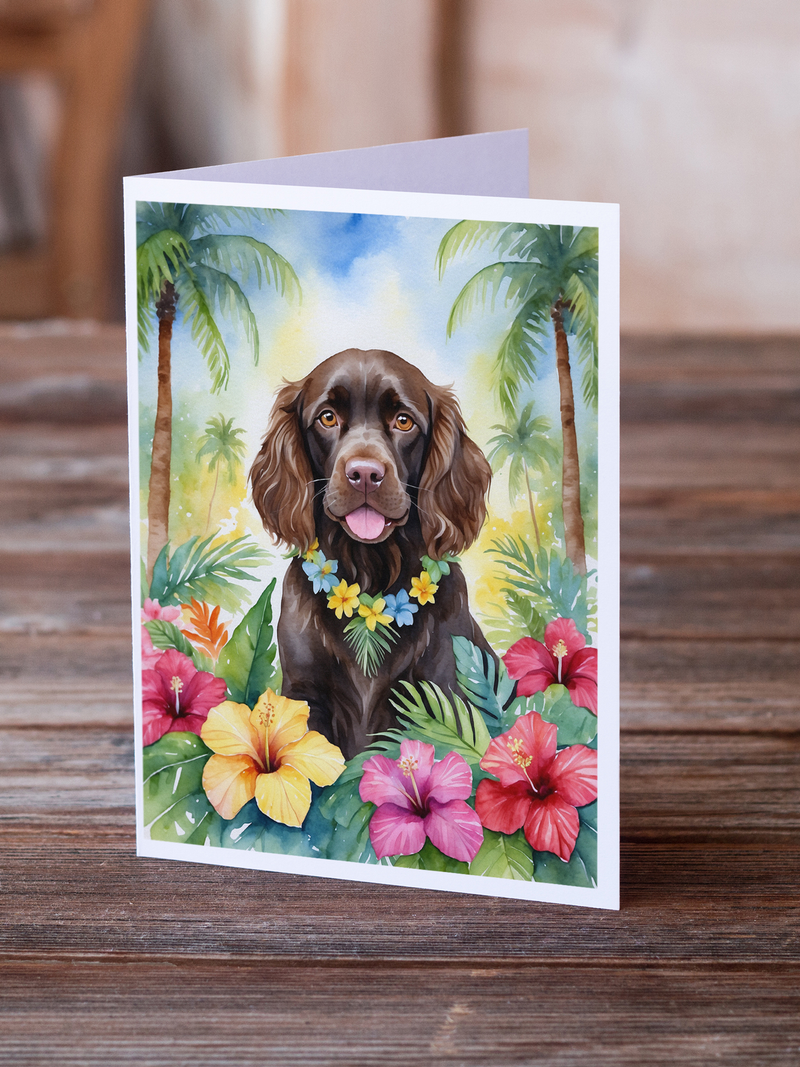 Greeting card with brown spaniel wearing flower garland, tropical palms and blooms