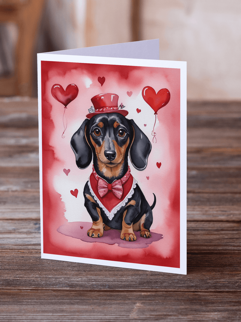 Valentine greeting card featuring dachshund in bowtie and top hat surrounded by hearts