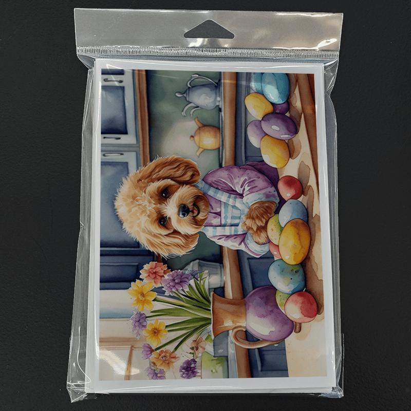 Pack of Easter greeting cards featuring cockapoo puppy in kitchen scene with colorful Easter eggs