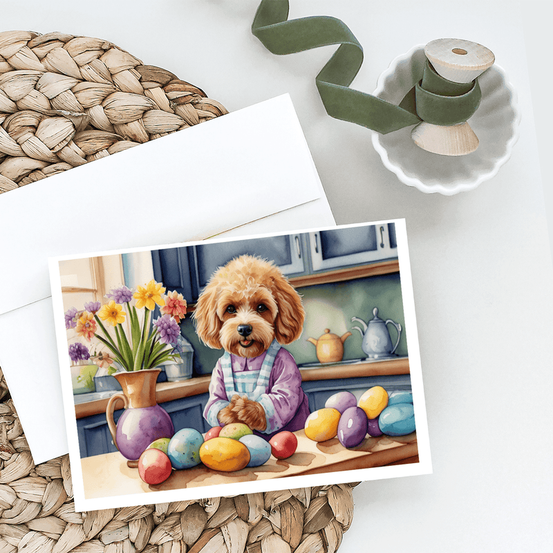 Easter greeting card featuring cockapoo puppy in purple shirt with colorful Easter eggs