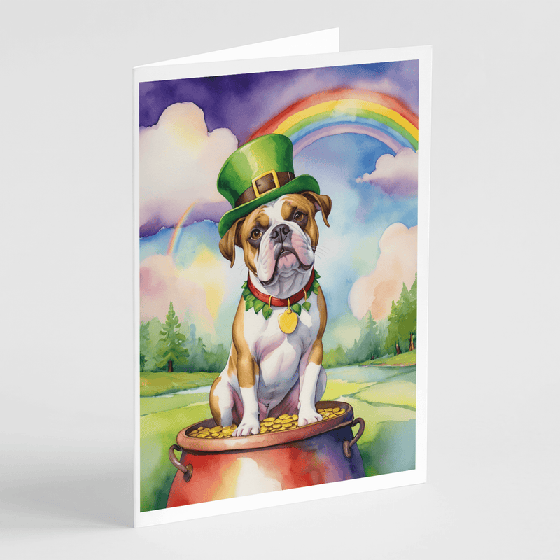 St. Patrick's greeting card with bulldog sitting on pot of gold, rainbow behind