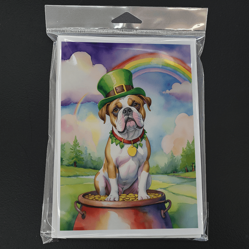 Packaged greeting card in clear plastic with bulldog, rainbow, and pot of gold