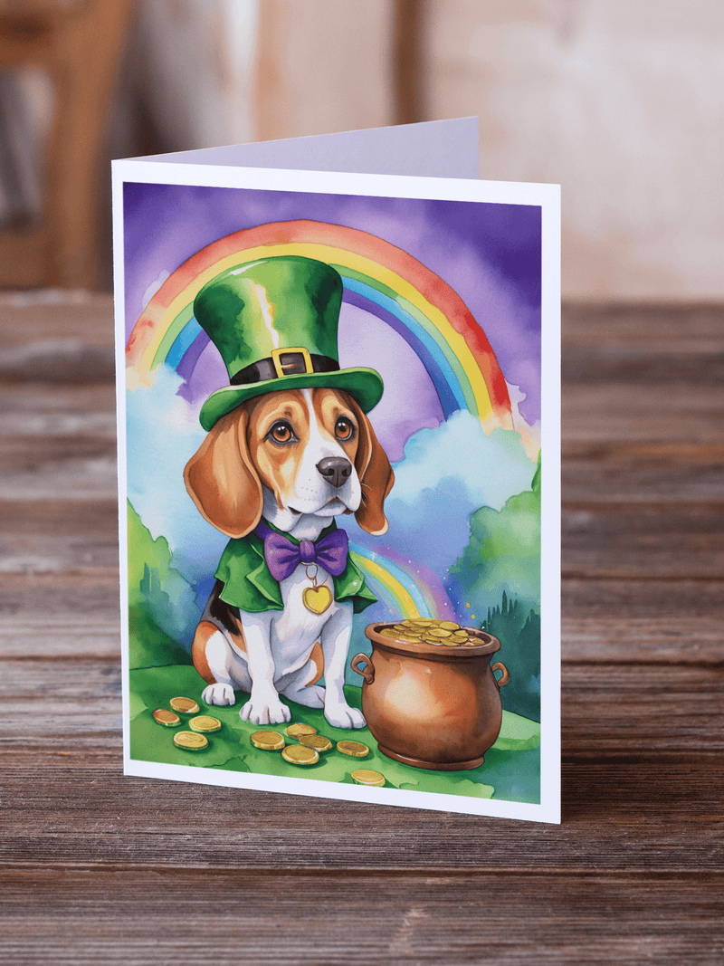 St. Patrick's Day greeting card with beagle in green hat, rainbow, and pot of coins