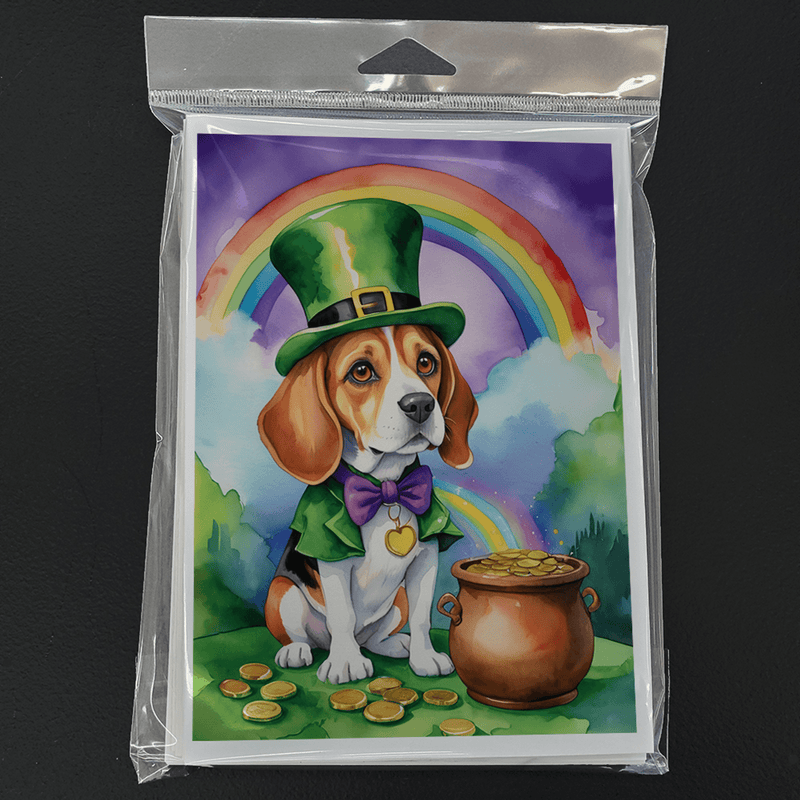 St. Patrick's Day greeting card featuring a beagle in green hat, rainbow, coins