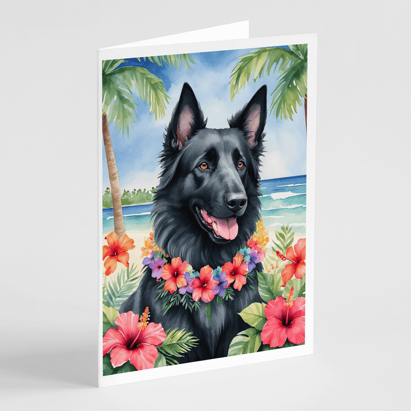 Tropical greeting card featuring a smiling black Belgian sheepdog with hibiscus flowers