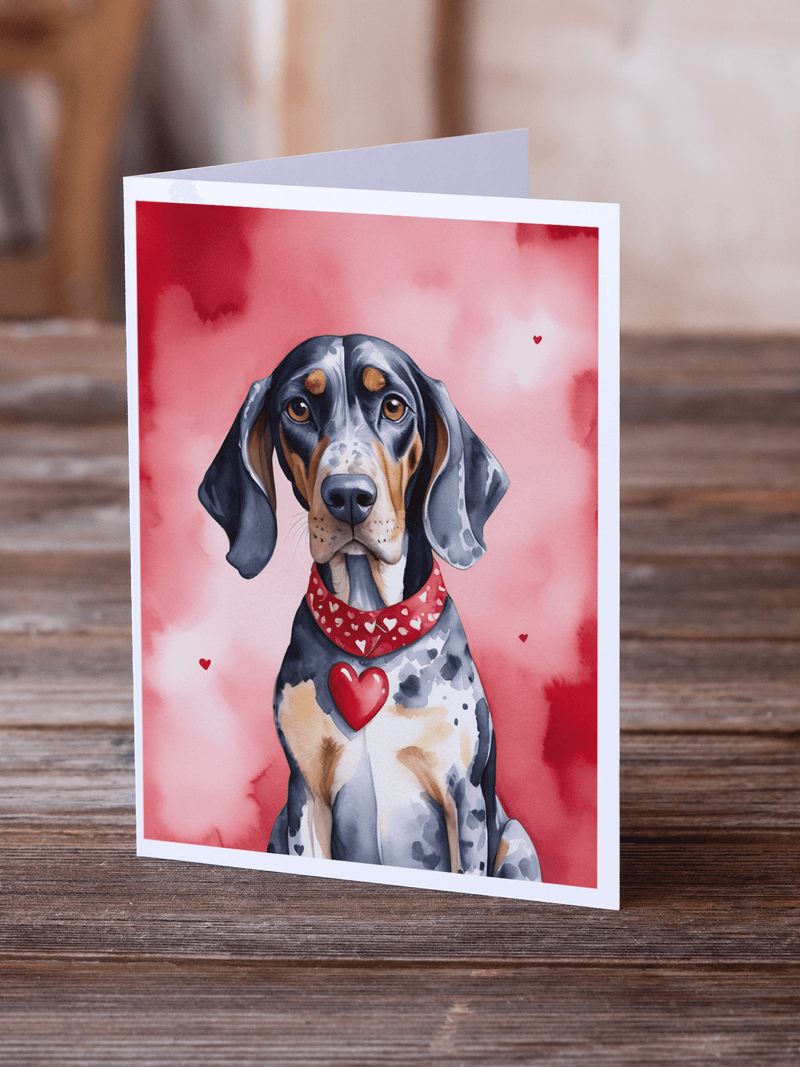 Valentine dog greeting card on wood, blue coonhound with red collar and heart