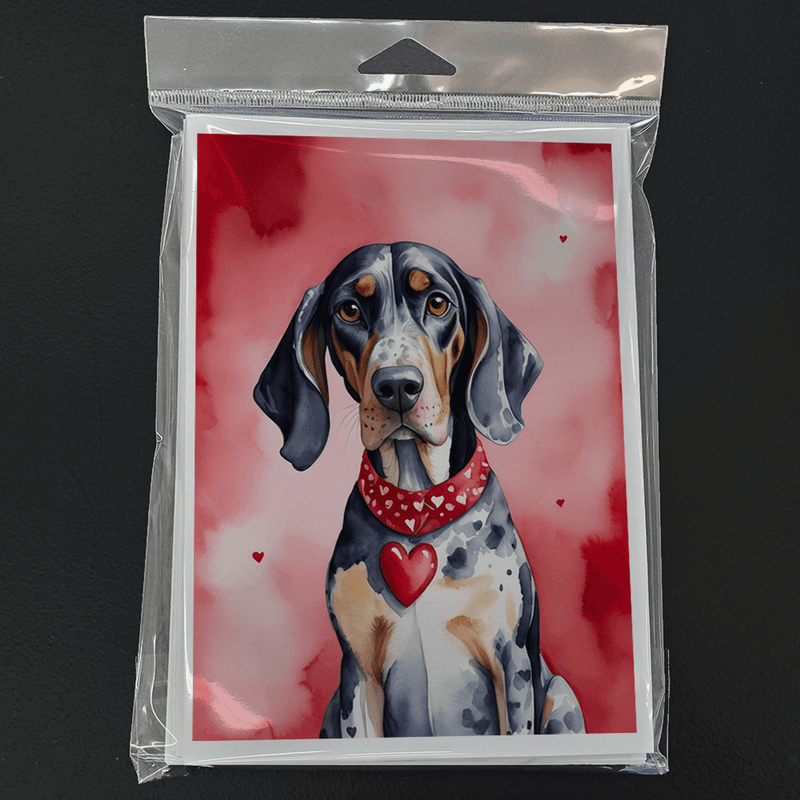 Valentine dog greeting card in clear package, blue coonhound with red heart collar