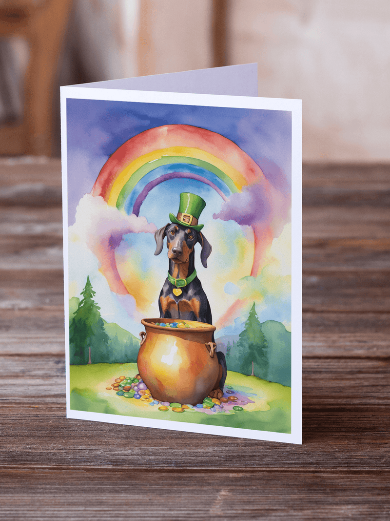 Saint Patrick's Day greeting card featuring Doberman in green hat by rainbow cauldron