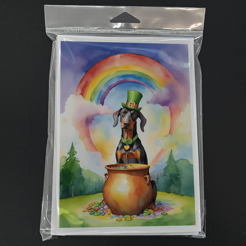 Greeting card pack featuring Doberman under rainbow above cauldron
