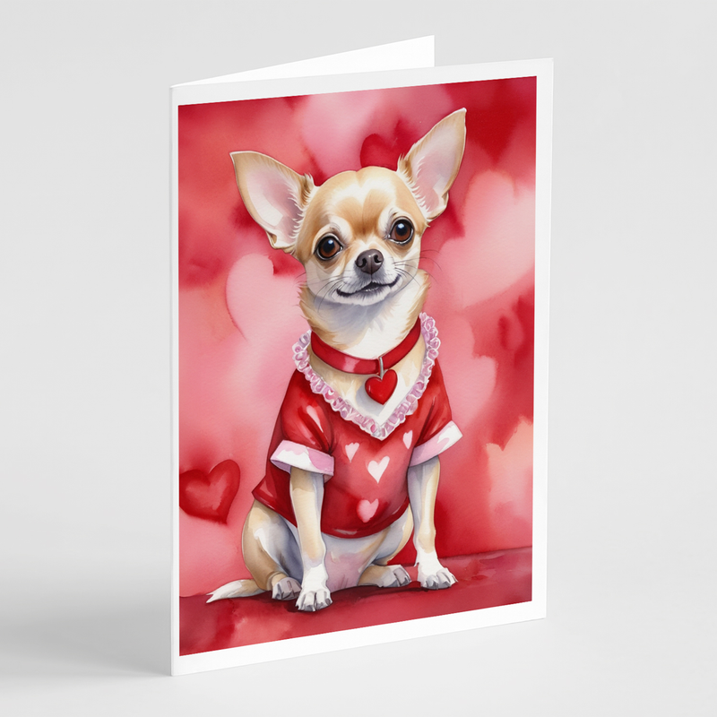 Valentine greeting card with chihuahua wearing a red sweater and heart collar