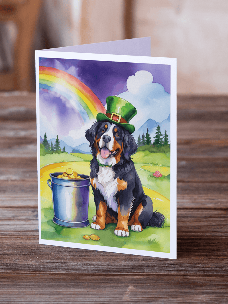 Single St. Patrick's Day greeting card featuring Bernese Mountain Dog in green hat and rainbow