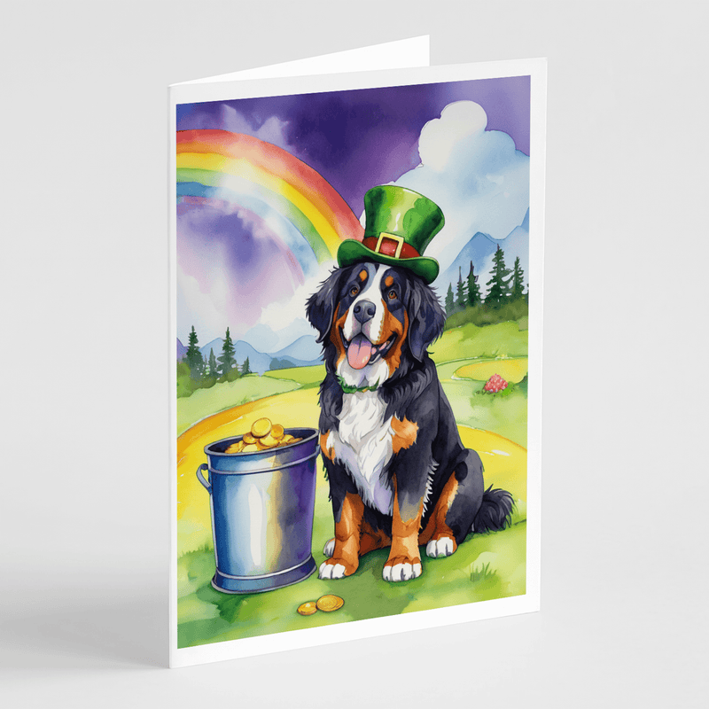 St. Patrick's Day greeting card featuring Bernese Mountain Dog in green top hat with rainbow