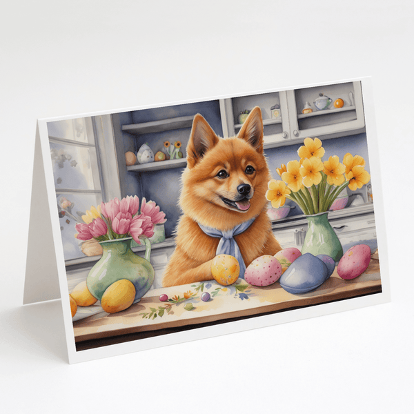 Easter greeting card with a red dog, eggs, and flowers on a kitchen backdrop