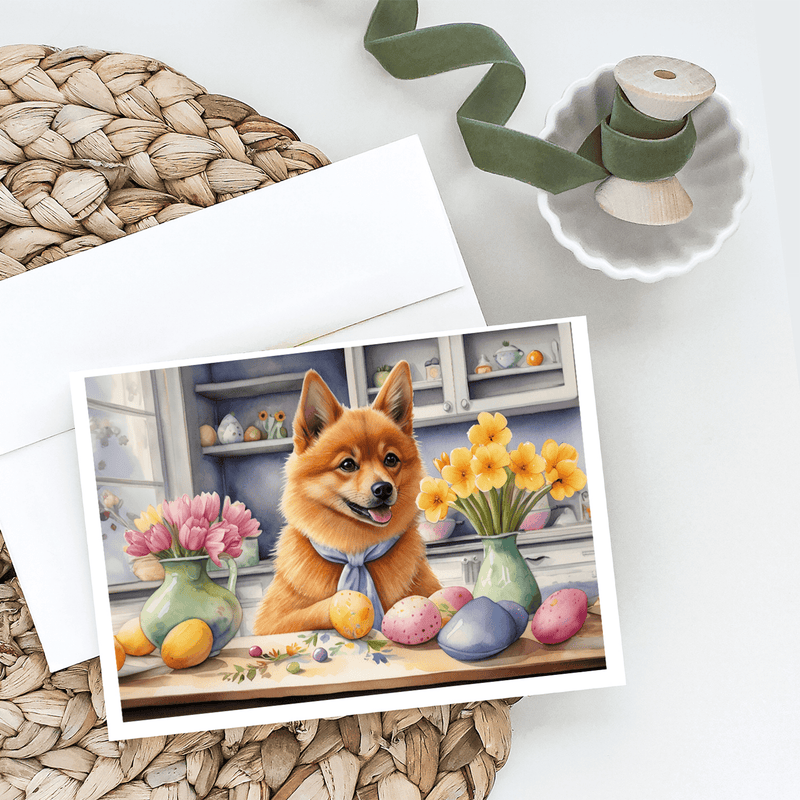 Pack of Easter greeting cards with dog illustration, eggs, flowers, and white envelopes