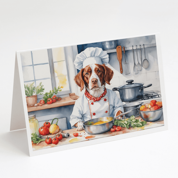 Greeting card with brown-and-white dog chef in kitchen, wearing white chef hat