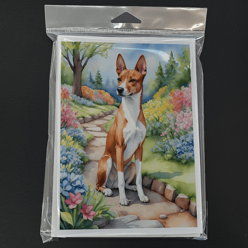 Basenji spring garden greeting card pack in clear plastic with basenji dog artwork