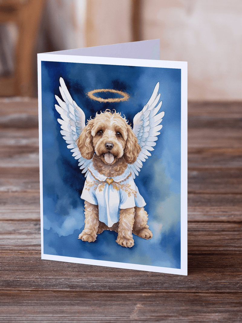 Angel cockapoo greeting card on wood, blue watercolor, white wings and halo
