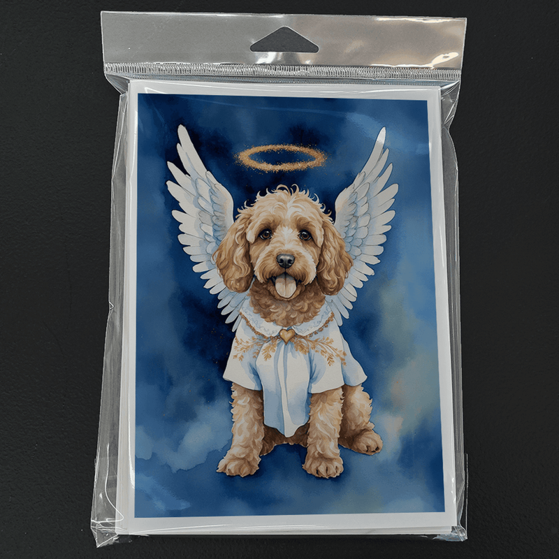 Angel cockapoo greeting card in clear plastic pack, blue watercolor and white wings