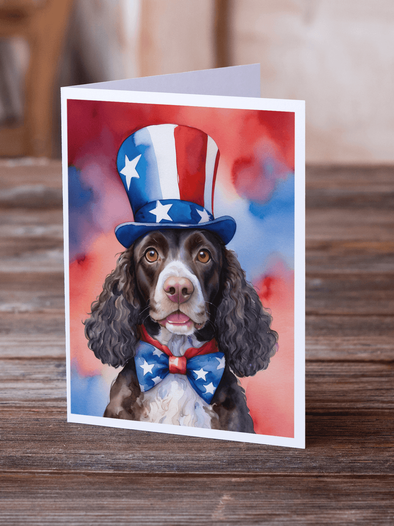 Patriotic greeting card with curly-haired dog in Uncle Sam hat and stars-and-stripes bow tie