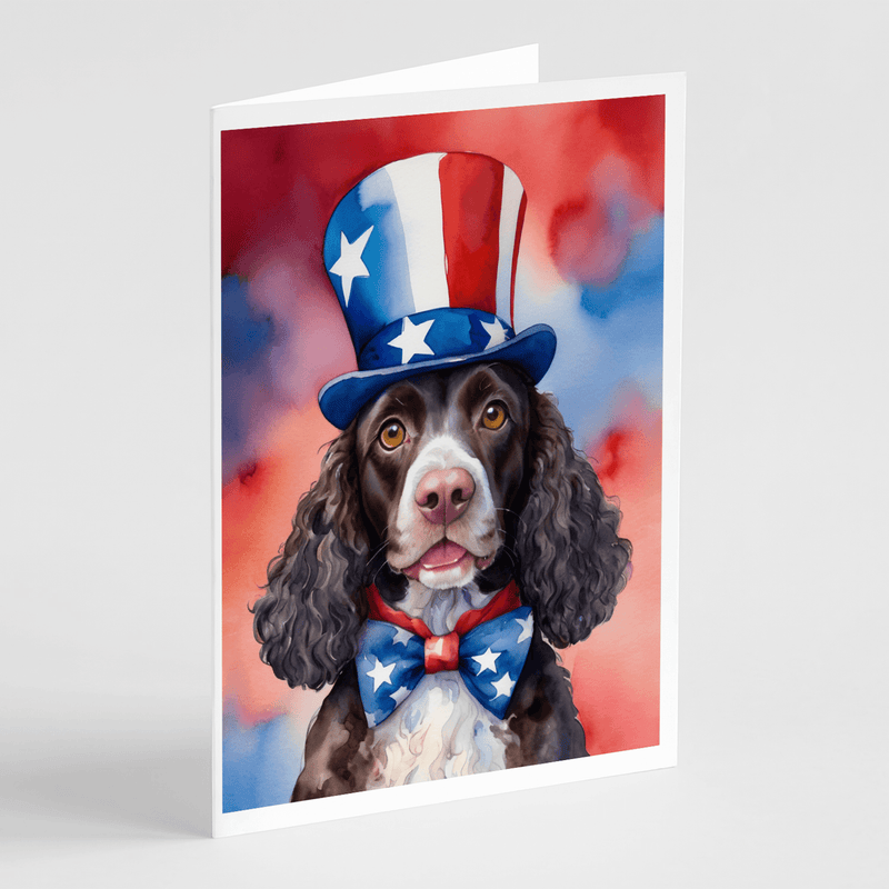 Patriotic greeting card portrait of a dog wearing Uncle Sam hat and red-blue bow tie