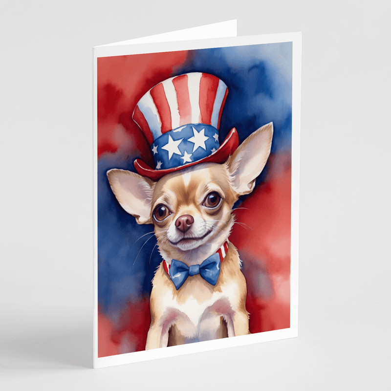 Patriotic Chihuahua greeting card standing with star hat and blue bow tie
