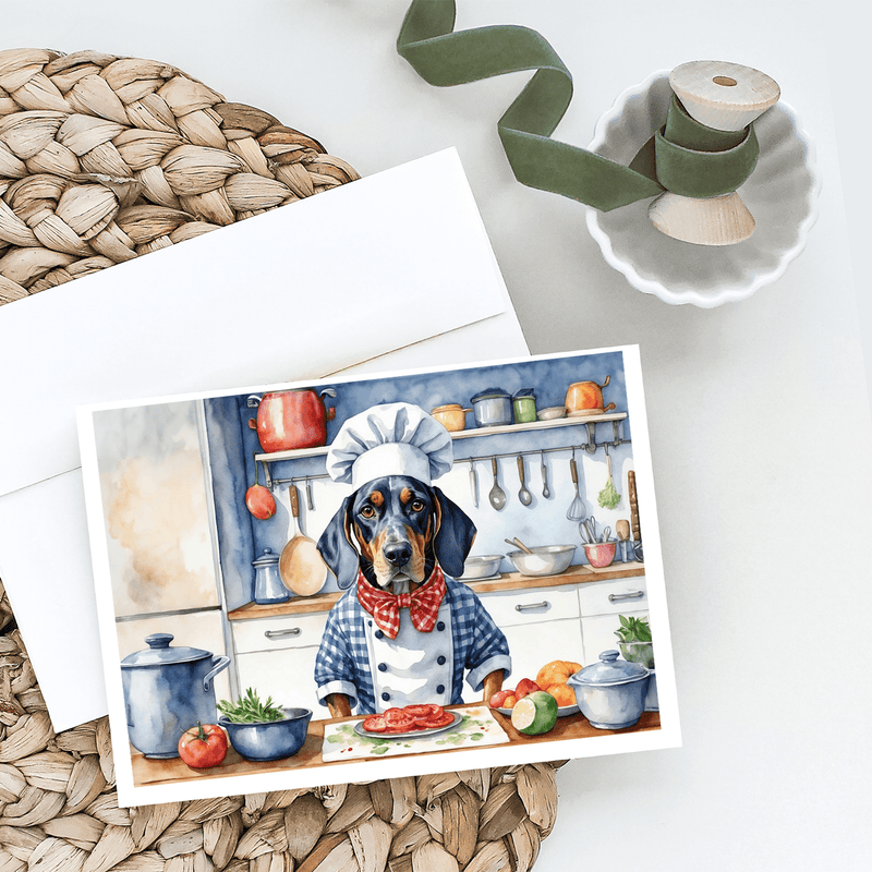 Pack of chef-themed greeting cards featuring a coonhound in kitchen scene