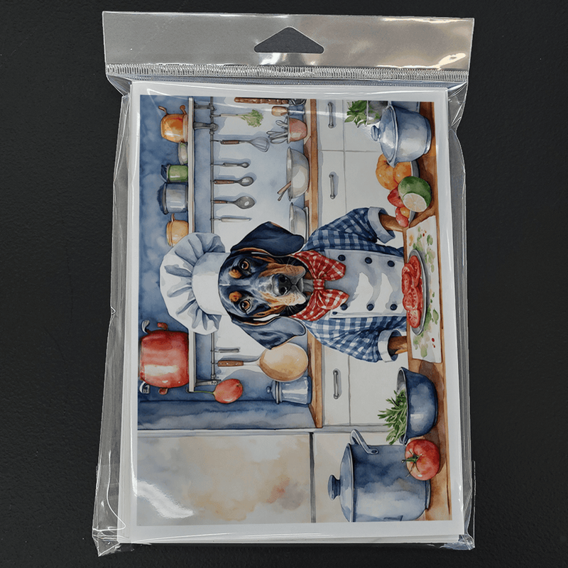 Chef coonhound greeting card pack in clear plastic, dog wearing chef hat and apron