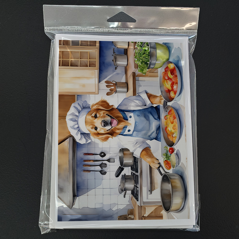 Golden retriever chef print in blue and white kitchen attire, featuring colorful vegetables in pots.
