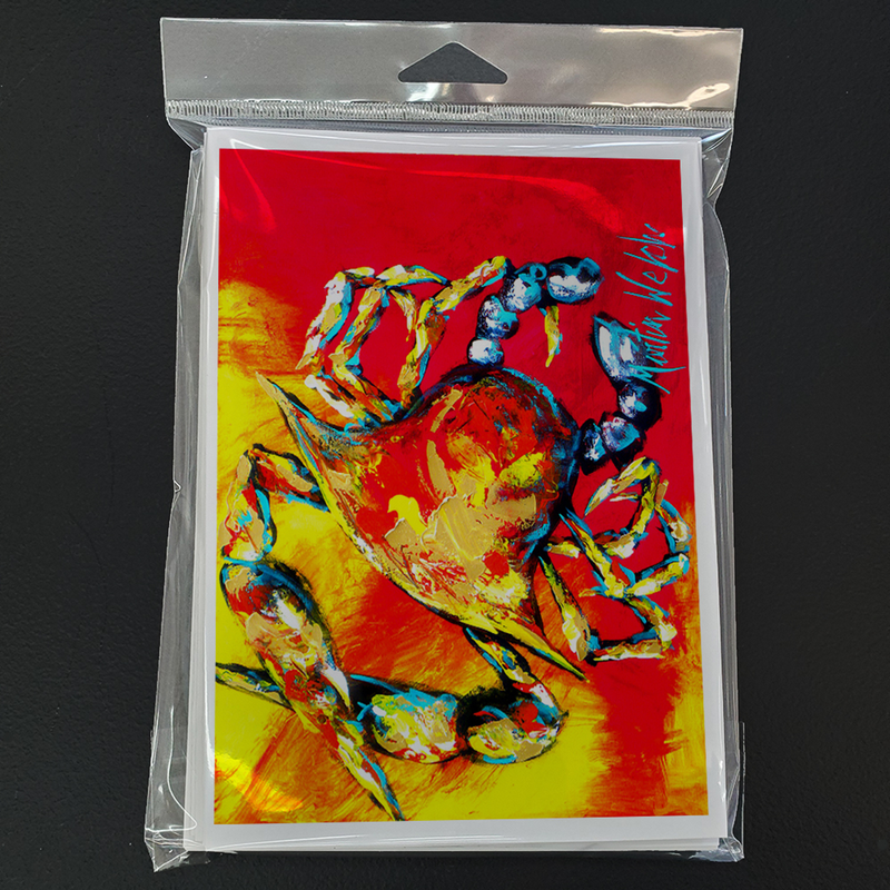 Packaged crab greeting card with vivid red, yellow, and blue crab illustration
