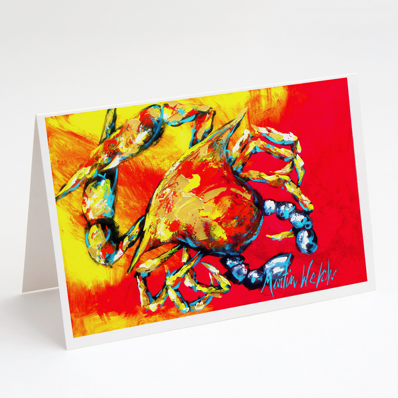 Crab greeting card on a stand, featuring vivid red, yellow, and blue crab artwork