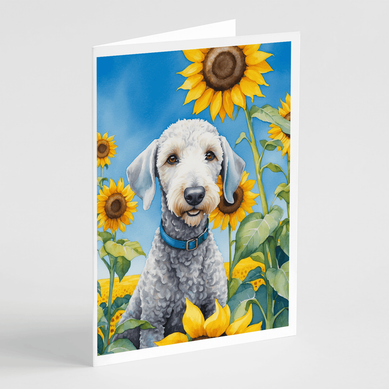 Bedlington terrier greeting card with sunflower bouquet illustration, vertical white border