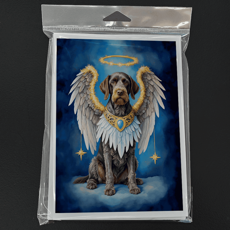 Pack of angel-themed greeting cards with wirehaired pointer front design, in plastic sleeve