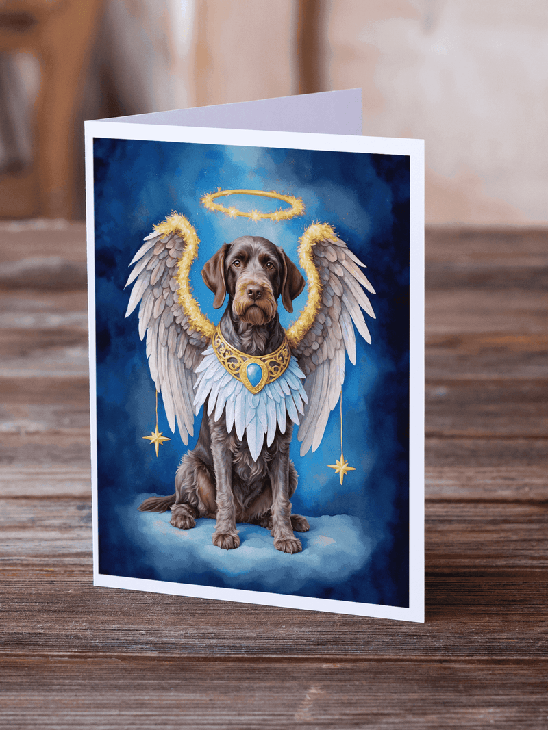 Brown dog with angel wings and halo, vibrant blue background, whimsical and artistic greeting card design.